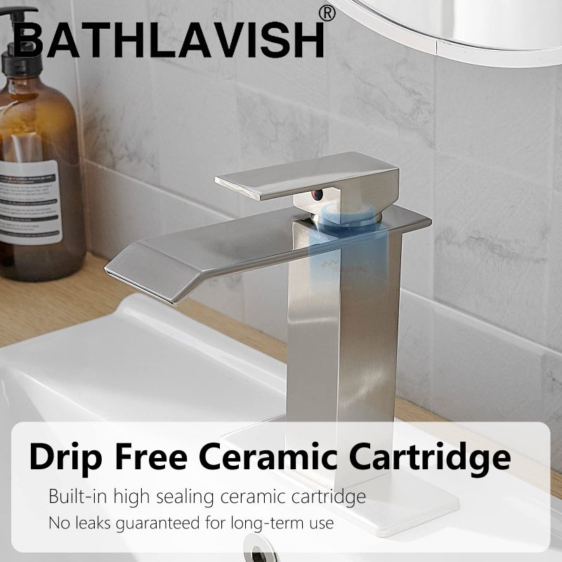 BATHLAVISH Waterfall Bathroom Sink Faucet, Brushed Nickel Single Hole Bathroom Faucet, Single Handle Modern Lavatory Vanity RV with Pop Up Drain with Overflow - Image 4